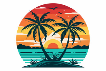  Beach with palms tree and sunset t-shirt design vector art illustration 