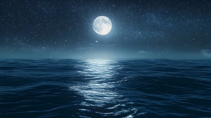 A large moon is reflected in the calm ocean waters. The scene is serene and peaceful, with the moonlight casting a soft glow on the water