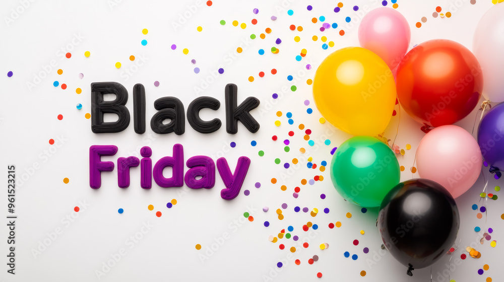 Poster black friday text with a rainbow gradient effect on a white background with scattered multicolored s