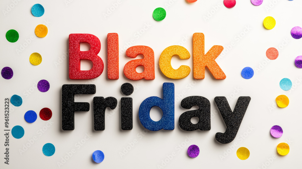 Poster black friday text with a rainbow gradient effect on a white background with scattered multicolored s