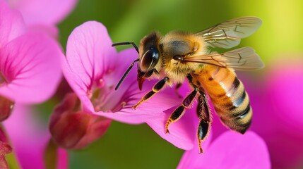 Close-up of a bee pollinating a flower, symbolizing the vitality of spring.