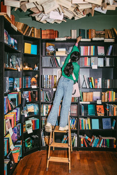 Rear view of girl standing on ladder and reaching for books in bookstore