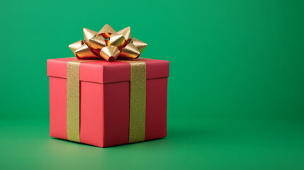 Obraz premium Bright red gift box with a golden bow isolated on a green screen background 