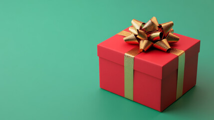Bright red gift box with a golden bow isolated on a plain green background 