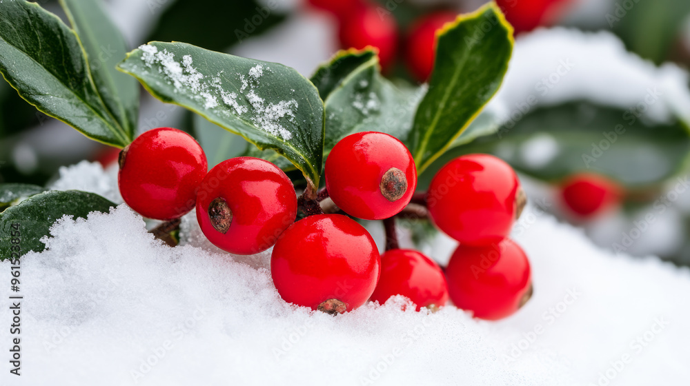 Wall mural bright red winterberries standing out against the snow in a winter garden, adding color to the cold 