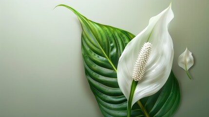 Fototapeta premium White flower bud of Spathiphyllum with green leaf.