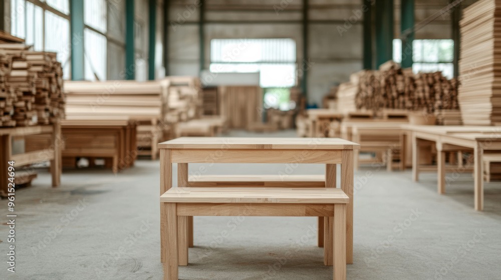 Poster busy workshop filled with custom wood furniture projects in various stages of completion tools scatt