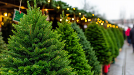 Fototapeta premium Busy Christmas tree market with freshly cut trees lined up in rows, wreaths hanging on display, and bundled-up shoppers 