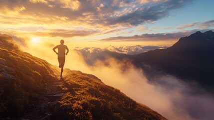 A determined runner navigates a winding mountain trail during sunrise, surrounded by a breathtaking landscape where mist gently rises from the valleys