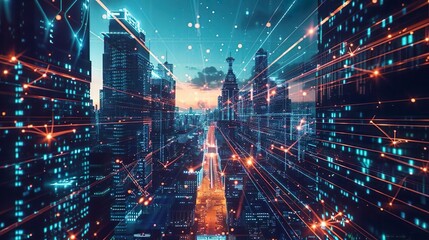 Futuristic City Skyline with Digital Data Streams