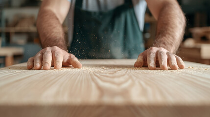 Carpenter assembling a bespoke wooden table in a sunlit workshop craftsmanship tools and shavings around 
