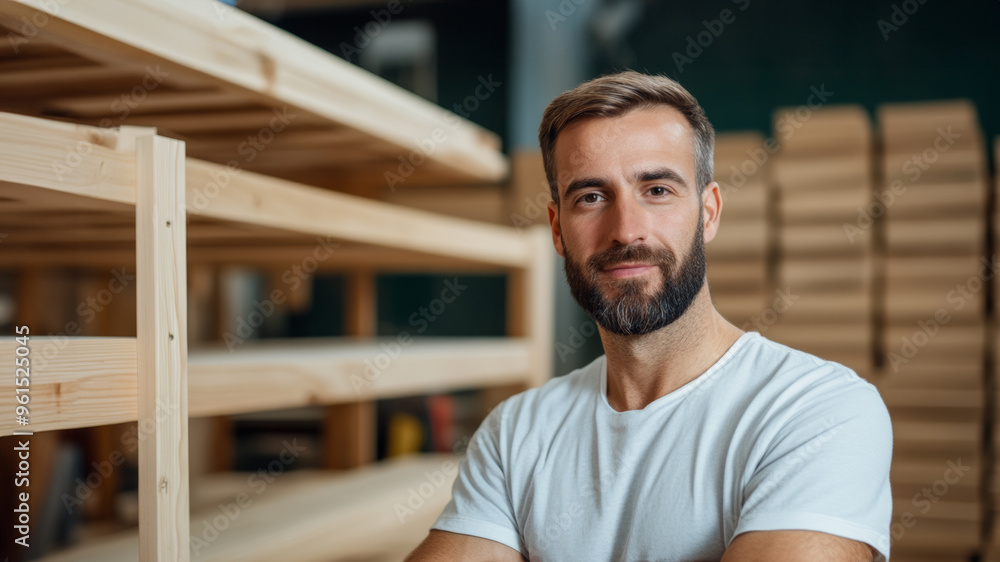 Aufkleber carpenter assembling a wooden bookshelf fine craftsmanship in a warm workshop cozy setting tools wit