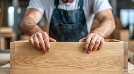 Carpenter assembling a custom wooden cabinet using traditional joinery techniques detailed craftsmanship hand tools 