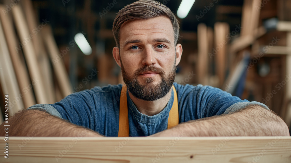 Aufkleber carpenter assembling a wooden bookshelf fine craftsmanship in a warm workshop cozy setting tools wit