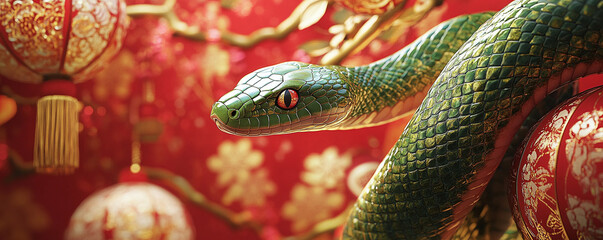 Fototapeta premium Green snake elegantly coiled against festive red and gold backdrop adorned with lanterns and traditional patterns, embodying the spirit of Chinese New Year