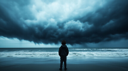 Child standing on a beach, watching a distant hurricane swirl over the ocean with massive dark clouds 