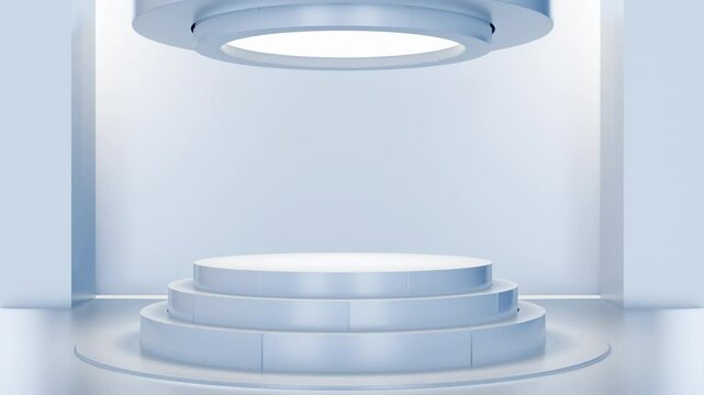3d animation round exhibition podium, display pedestal in white and black version. Realistic minimal showcase room for presentation products.