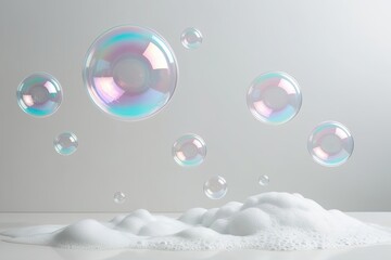 Iridescent Soap Bubbles and Vibrant Foam on a Pure White Background