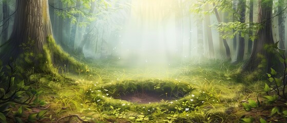 Fototapeta premium A circular opening in the heart of a verdant forest, teeming with emerald plants and towering trees, illuminated by golden sunrays filtering through