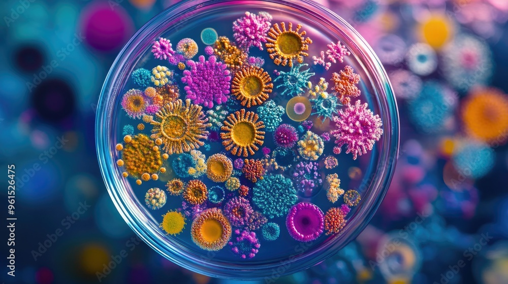Poster petri dish filled with a diverse array of colorful microorganisms under high magnification.
