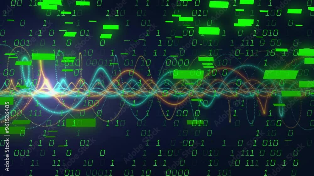 Poster binary code and waveforms, digital data processing animation over dark background