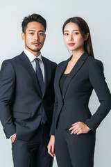 Chinese couple models in business attire sleek suits professional expressions isolated white background for corporate branding 
