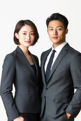 Chinese couple models in business attire sleek suits professional expressions isolated white background for corporate branding 