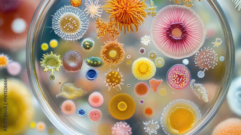 Poster petri dish filled with a diverse array of colorful microorganisms under high magnification.