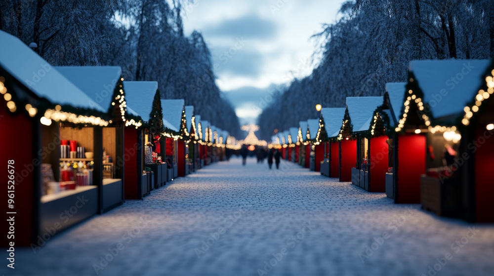 Sticker Christmas bazaar at twilight with glowing market stalls, warm mulled wine, and shoppers in festive spirits, wintery charm 