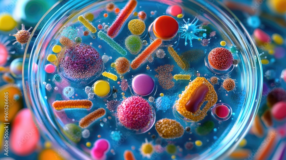Poster petri dish filled with a diverse array of colorful microorganisms under high magnification.