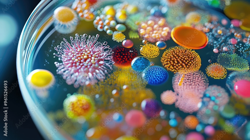Poster petri dish filled with a diverse array of colorful microorganisms under high magnification.
