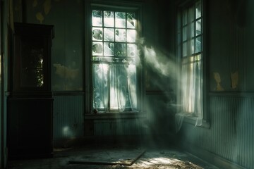 Sunlight shining through broken window illuminating dust in abandoned house with peeling paint