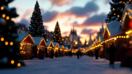 Christmas bazaar at twilight with glowing market stalls, warm mulled wine, and shoppers in festive spirits, wintery charm 