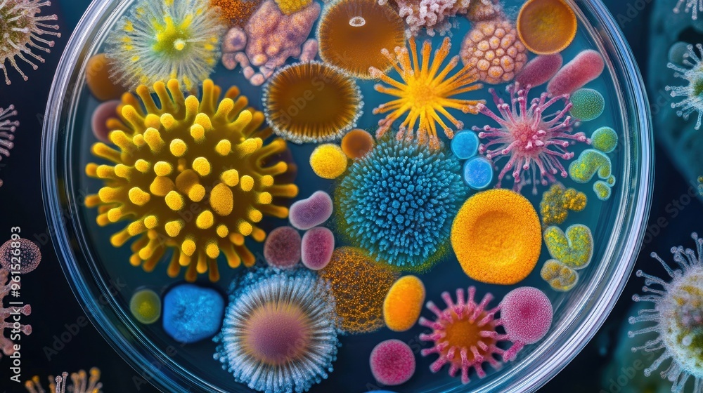 Poster petri dish filled with a diverse array of colorful microorganisms under high magnification.