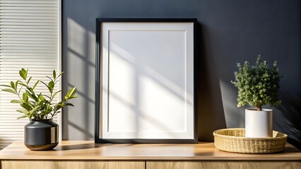 Minimalist blank frame on pure wall indoor room, Bright room with blank picture frame.