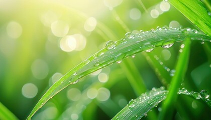 Naklejka premium Dew Drops on a Green Grass Blade in Sunlight