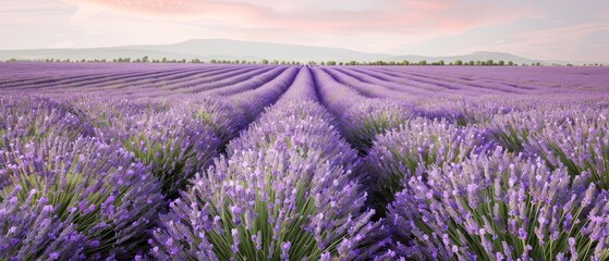 Obraz premium A lavender field with rows of lavender flowers in the foreground and a mountain range in the distance