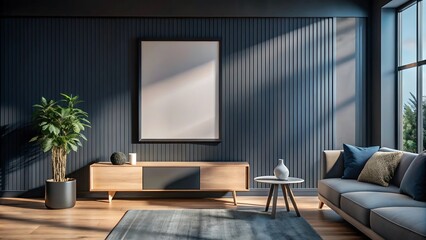 Minimalist blank frame on pure wall indoor room, Bright room with blank picture frame.