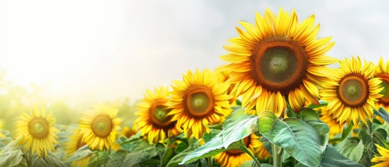 Obraz premium Sunflowers in field, sunny day, blue sky background, green leaf foreground