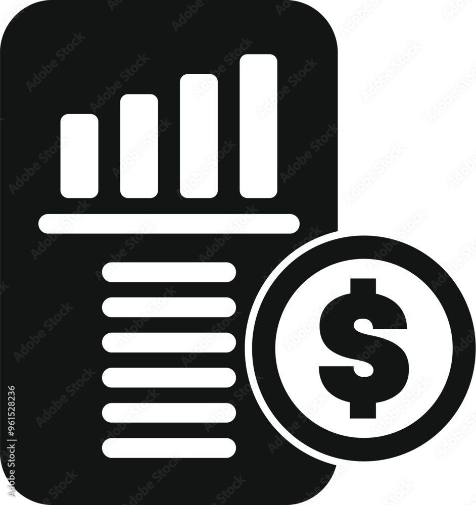 Poster simple vector icon representing a financial report with a growing bar chart and a dollar coin, ideal