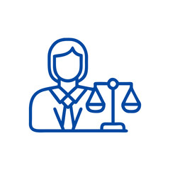 Fototapeta premium Lawyer icon in blue line art with scales of justice for legal services