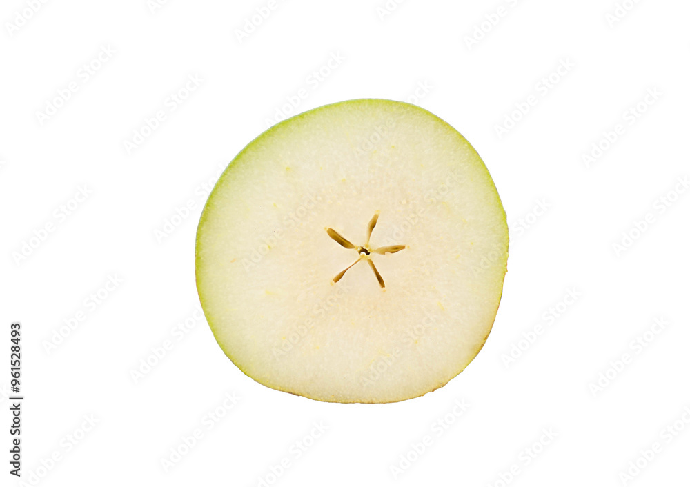 Poster fresh pear slice isolated on white background highlighting its natural texture and color