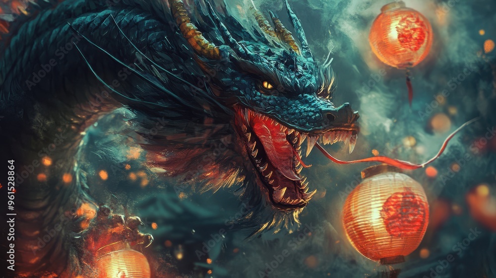 Wall mural Mythical blue dragon with glowing lanterns, fantasy adventure with fire and magic.  
