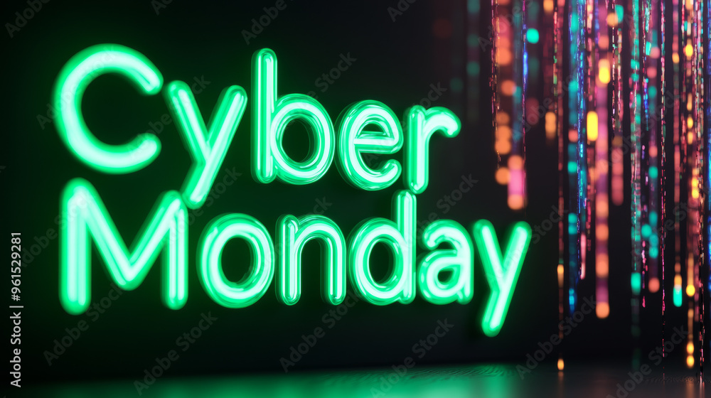 Poster cyber monday in vibrant green neon on a dark background with colorful festive sparks and binary code