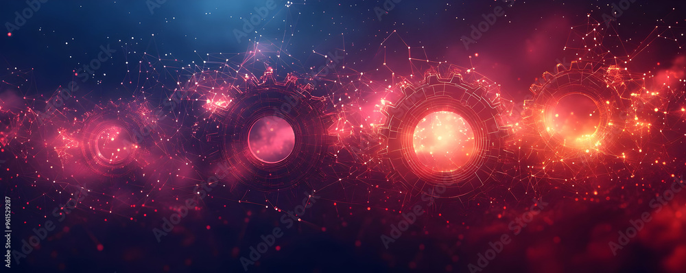 Poster abstract background of glowing gears and network connections