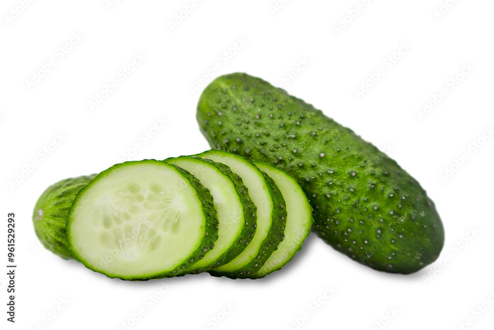Poster sliced cucumber on white backdrop