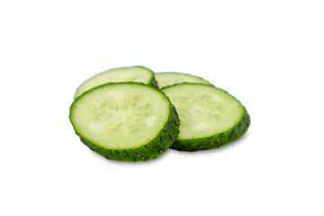 Four cucumber slices arranged on white background