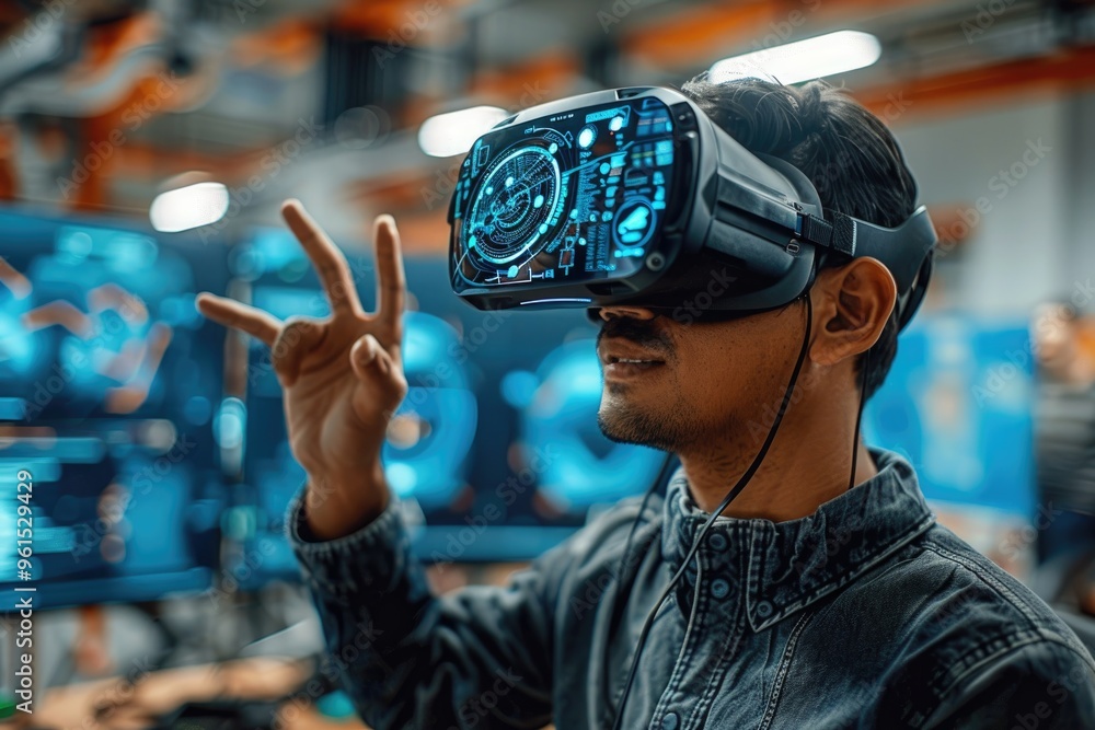 Poster man using vr headset in futuristic technology lab for augmented reality experience