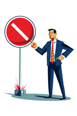 Businessman Points at Prohibition Sign, Gesturing 