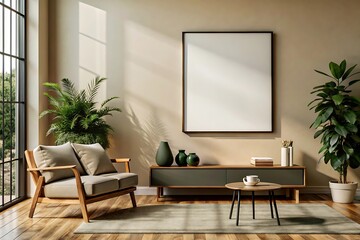 Minimalist blank frame on pure wall indoor room, Bright room with blank picture frame.